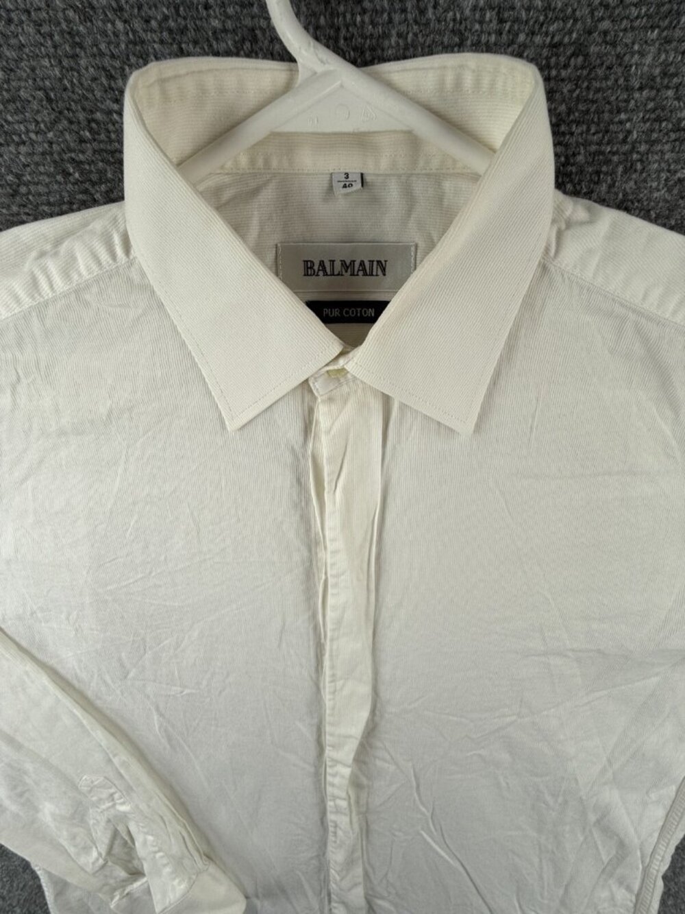 Balmain Men Long Sleeve Shirt Pur Cotton White Size 3 (40) Hidden Buttons Woven